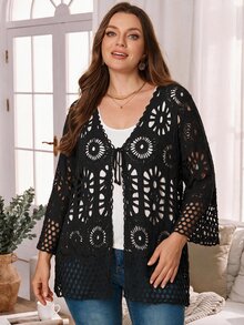 Rosumi Cardigan fino de punto calado con cordones para otoño, talla grande - Camel - Ver 8