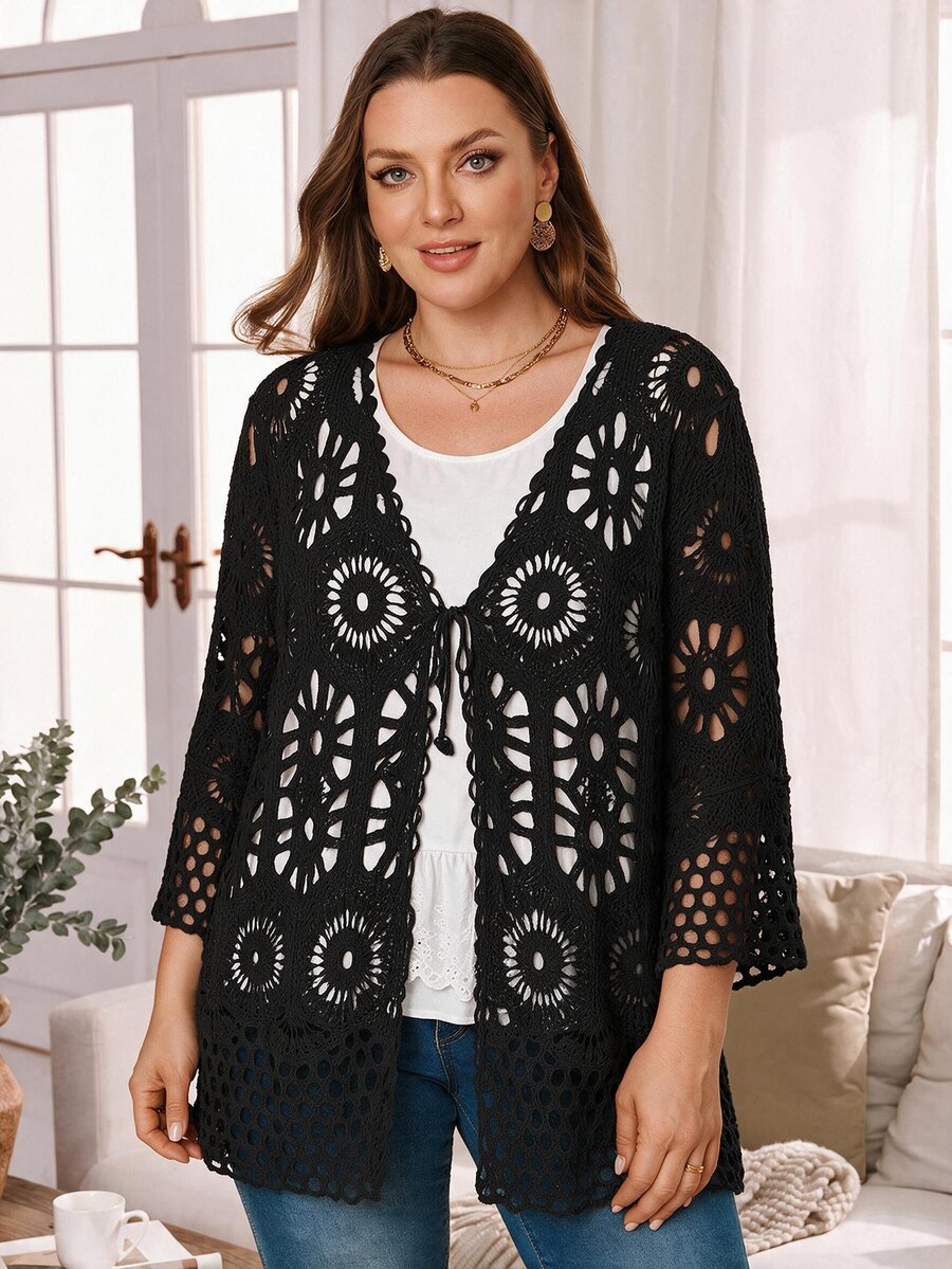 Rosumi Cardigan fino de punto calado con cordones para otoño, talla grande - Camel - Ver 1