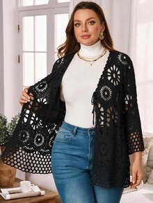 Rosumi Cardigan fino de punto calado con cordones para otoño, talla grande - Camel - Ver 3