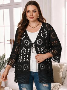 Rosumi Cardigan fino de punto calado con cordones para otoño, talla grande - Camel - Ver 6