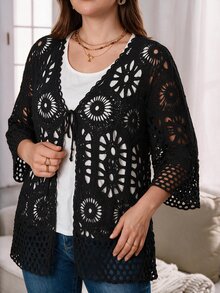 Rosumi Cardigan fino de punto calado con cordones para otoño, talla grande - Camel - Ver 7