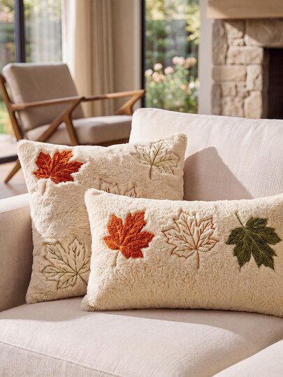 1pc Autumn Maple Leaf Decorative Pillowcase, Pumpkin Pattern, Soft Plush Faux Fur Wool Sofa Cushion Cover, Suitable For Chair, Sofa, Living Room Home Decor