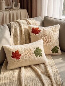 1pc Autumn Maple Leaf Decorative Pillowcase, Pumpkin Pattern, Soft Plush Faux Fur Wool Sofa Cushion Cover, Suitable For Chair, Sofa, Living Room Home Decor - Orange - View 3