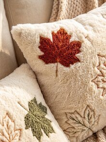 1pc Autumn Maple Leaf Decorative Pillowcase, Pumpkin Pattern, Soft Plush Faux Fur Wool Sofa Cushion Cover, Suitable For Chair, Sofa, Living Room Home Decor - Orange - View 4