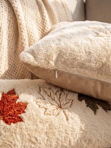 1pc Autumn Maple Leaf Decorative Pillowcase, Pumpkin Pattern, Soft Plush Faux Fur Wool Sofa Cushion Cover, Suitable For Chair, Sofa, Living Room Home Decor - Orange - View 7