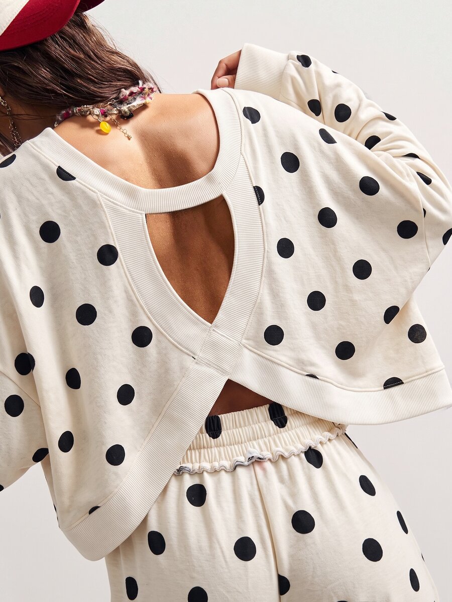 Bohemela Women's Polka Dot Print Drop Shoulder Long Sleeve Sweatshirt And Wide Leg Pants Casual 2-Piece Set - Multicolor - View 1