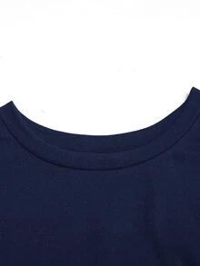 SHEIN Fashionable Elegant Solid Color Casual Versatile Cinched Waist Pleated T-Shirt For Tween Girls, Suitable For Daily, School, Beach And Vacation Wear - Navy Blue - View 5