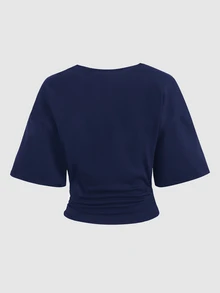 SHEIN Fashionable Elegant Solid Color Casual Versatile Cinched Waist Pleated T-Shirt For Tween Girls, Suitable For Daily, School, Beach And Vacation Wear - Navy Blue - View 2