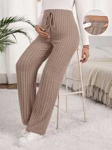 GentleRue Maternity Maternity Solid Color Ribbed Knit Drawstring Casual Pants Fall - Khaki - View 3