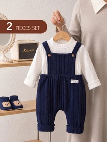 SHEIN 2PCS Toddler Baby Long Sleeve Top And Knit Jumper Overalls Set, Soft Ribbed Infant Outfits, Autumn Winter Clothes For Newborn 0-3 Years,Casual Look - Multicolor - View 8