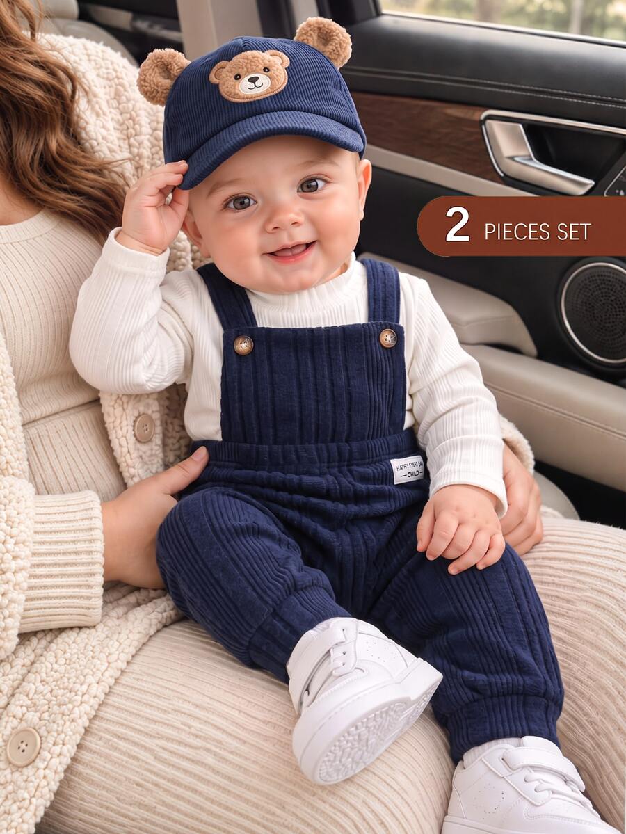 SHEIN 2PCS Toddler Baby Long Sleeve Top And Knit Jumper Overalls Set, Soft Ribbed Infant Outfits, Autumn Winter Clothes For Newborn 0-3 Years,Casual Look - Multicolor - View 1