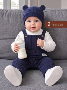 SHEIN 2PCS Toddler Baby Long Sleeve Top And Knit Jumper Overalls Set, Soft Ribbed Infant Outfits, Autumn Winter Clothes For Newborn 0-3 Years,Casual Look - Multicolor - View 6