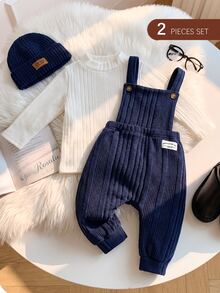 SHEIN 2PCS Toddler Baby Long Sleeve Top And Knit Jumper Overalls Set, Soft Ribbed Infant Outfits, Autumn Winter Clothes For Newborn 0-3 Years,Casual Look - Multicolor - View 7