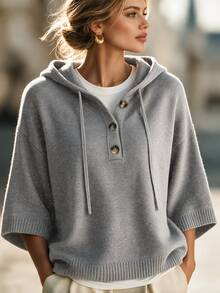 SHEIN Holidaya Women Hooded Knit Pullover, Button Half Placket 3/4 Wide Sleeve Loose Casual Knit Jumper - Grey - View 7