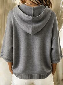 SHEIN Holidaya Women Hooded Knit Pullover, Button Half Placket 3/4 Wide Sleeve Loose Casual Knit Jumper - Grey - View 2