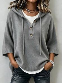 SHEIN Holidaya Women Hooded Knit Pullover, Button Half Placket 3/4 Wide Sleeve Loose Casual Knit Jumper - Grey - View 1