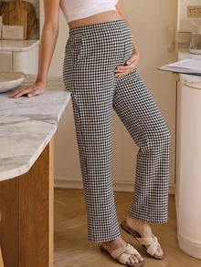 Momance Maternity Pants Home Casual Elegant Smart Thermal Lined Black And White Plaid Straight Leg Long Pants Winter Office Pregnant - Black and White - View 1