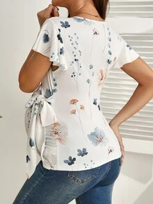 GentleRue Maternity 優雅花卉印花繫帶式哺乳上衣，孕婦夏季波希米亞風 Baby Shower 哺乳上衣 - 彩色 - 查看 3