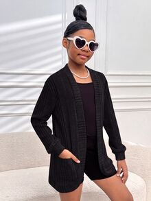SHEIN Tween Girl Knit Long Sleeve Pocketed Black Lightweight Breathable Classic Easy-CareSoft-Touch Cardigan Casual Modest Cute Wear,In Autumn School Party - Black - View 1