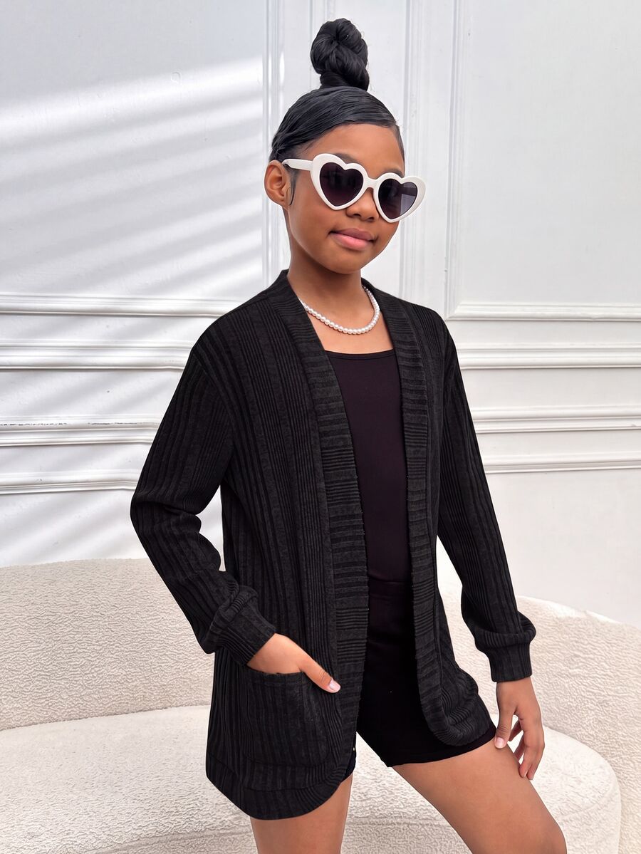SHEIN Tween Girl Knit Long Sleeve Pocketed Black Lightweight Breathable Classic Easy-CareSoft-Touch Cardigan Casual Modest Cute Wear,In Autumn School Party - Black - View 1