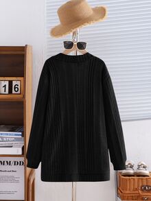 SHEIN Tween Girl Knit Long Sleeve Pocketed Black Lightweight Breathable Classic Easy-CareSoft-Touch Cardigan Casual Modest Cute Wear,In Autumn School Party - Black - View 3