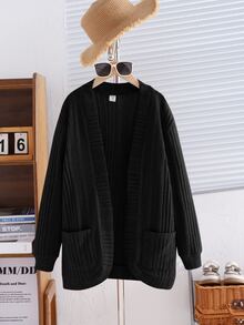 SHEIN Tween Girl Knit Long Sleeve Pocketed Black Lightweight Breathable Classic Easy-CareSoft-Touch Cardigan Casual Modest Cute Wear,In Autumn School Party - Black - View 2