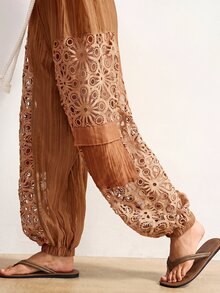 Bohemela Celana Panjang Wanita Kasual dengan Motif Patchwork Tenun Longgar - Coklat - View 6
