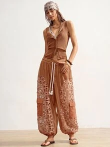 Bohemela Celana Panjang Wanita Kasual dengan Motif Patchwork Tenun Longgar - Coklat - View 4