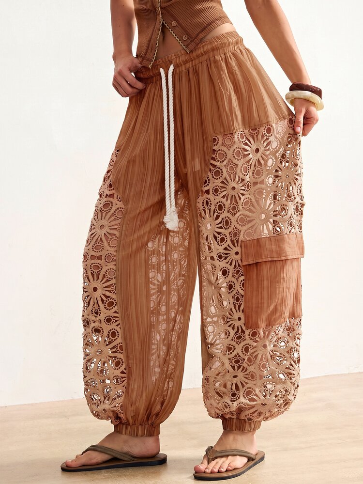Bohemela Casual Woven Patchwork Loose Fit Women's Long Pants - Brown - View 7