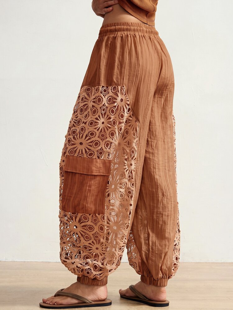 Bohemela Casual Woven Patchwork Loose Fit Women's Long Pants - Brown - View 3