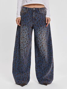 ROMWE Jeans Wanita Gaya Milenium Kasual Gaya Pemberontak Jalanan Y2K Musim Gugur/Dingin, Motif Leopard, Blok Warna, Potongan Lurus, Sangat Longgar - Dark Wash - View 1