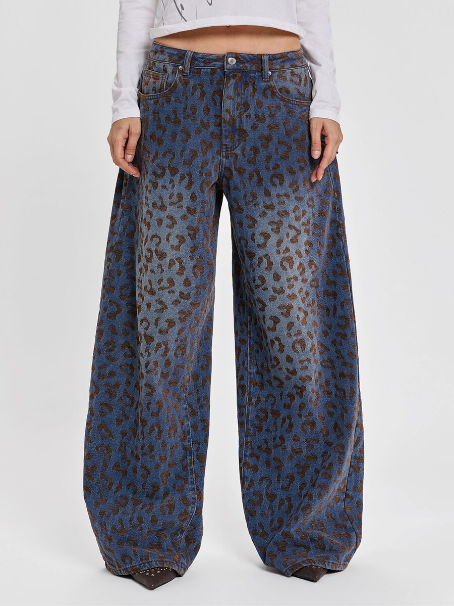 ROMWE Jeans Wanita Gaya Milenium Kasual Gaya Pemberontak Jalanan Y2K Musim Gugur/Dingin, Motif Leopard, Blok Warna, Potongan Lurus, Sangat Longgar - Dark Wash - View 1