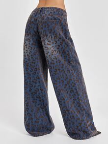 ROMWE Jeans Wanita Gaya Milenium Kasual Gaya Pemberontak Jalanan Y2K Musim Gugur/Dingin, Motif Leopard, Blok Warna, Potongan Lurus, Sangat Longgar - Dark Wash - View 5