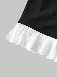 SHEIN MOD Plus Size Women's Black And White Puff Sleeve Button Design Ruffle Hem Elegant Blouse,Tea Party,Carnival Costume,Autumn Spring/Summer,Casual Blouses - Black and White - View 5