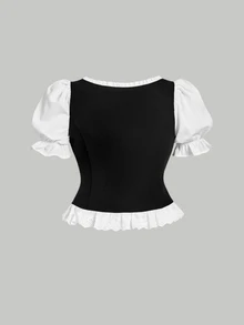 SHEIN MOD Plus Size Women's Black And White Puff Sleeve Button Design Ruffle Hem Elegant Blouse,Tea Party,Carnival Costume,Autumn Spring/Summer,Casual Blouses - Black and White - View 4