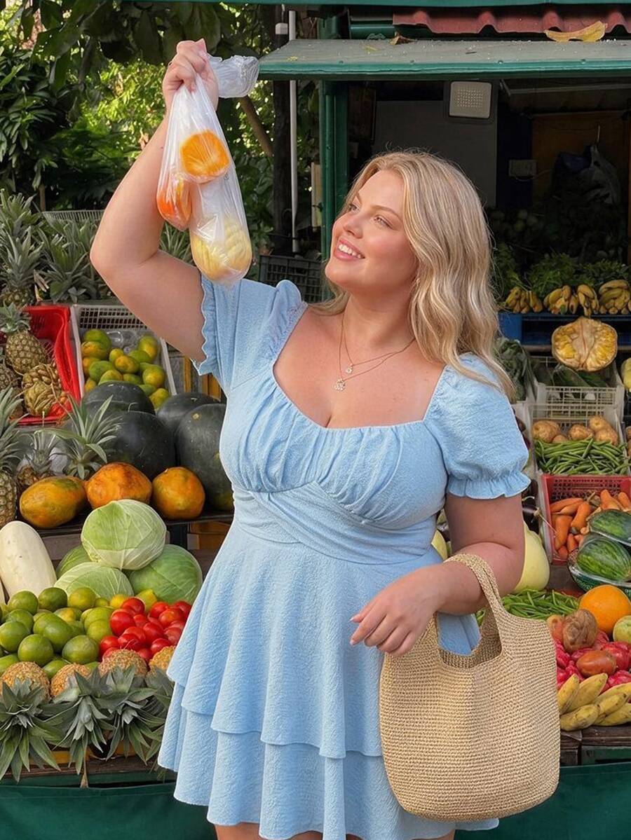 SHEIN MOD Plus Size Summer Solid Color Sweetheart Neck Back Bowknot Puff Sleeve Mini Dress, Blue,Birthday Dresses For Women - Blue - View 1