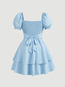 SHEIN MOD Plus Size Summer Solid Color Sweetheart Neck Back Bowknot Puff Sleeve Mini Dress, Blue,Birthday Dresses For Women - Blue - View 3
