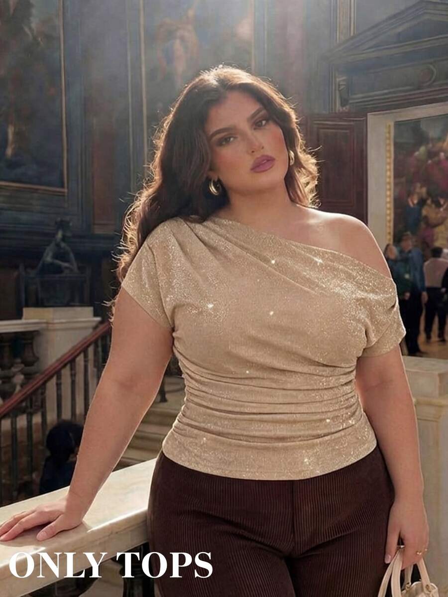 SHEIN MOD Plus Size Women Metallic Champagne Top,Elegant Asymmetric Shoulder Blouse,Shiny Knit Short Sleeve Ruched Waist Fitted Shirt,Autumn Night Out Club - Apricot - View 1