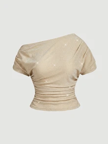 SHEIN MOD Plus Size Women Metallic Champagne Top,Elegant Asymmetric Shoulder Blouse,Shiny Knit Short Sleeve Ruched Waist Fitted Shirt,Autumn Night Out Club - Apricot - View 2