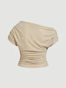 SHEIN MOD Plus Size Women Metallic Champagne Top,Elegant Asymmetric Shoulder Blouse,Shiny Knit Short Sleeve Ruched Waist Fitted Shirt,Autumn Night Out Club - Apricot - View 3