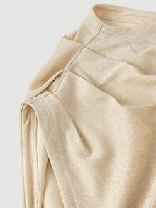 SHEIN MOD Plus Size Women Metallic Champagne Top,Elegant Asymmetric Shoulder Blouse,Shiny Knit Short Sleeve Ruched Waist Fitted Shirt,Autumn Night Out Club - Apricot - View 5