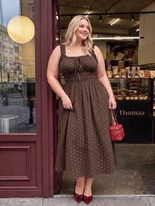SHEIN MOD Plus Size Women's Polka Dot Bow Ruched Dress, For Elegant Fairy-Core 80s 90s, Party Birthday Wedding Guest, Holiday Outfits, Summer - Brown - View 1