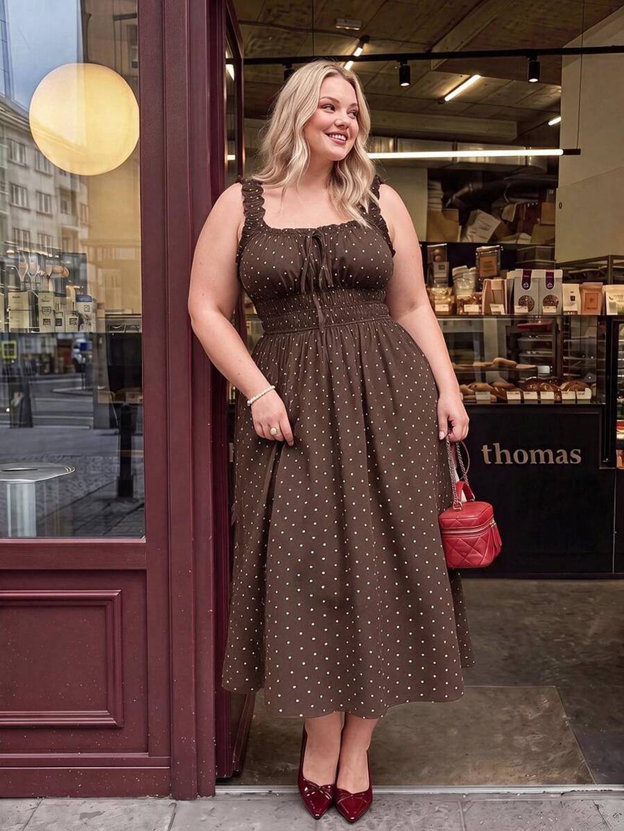 SHEIN MOD Plus Size Women's Polka Dot Bow Ruched Dress, For Elegant Fairy-Core 80s 90s, Party Birthday Wedding Guest, Holiday Outfits, Summer - Brown - View 1