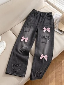 SHEIN 青少年女孩休閒街頭風可愛牛仔褲，舒適寬鬆版型，百搭日常穿搭，適合秋季返校與舞會 - 黑色 - 查看 1