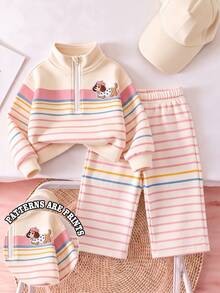 Baby Boy Girl Striped Dog Graphic Half Zip Top & Pants Set, Soft Casual Two Pieces Outfit Winter - Multicolor - View 1