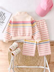 Baby Boy Girl Striped Dog Graphic Half Zip Top & Pants Set, Soft Casual Two Pieces Outfit Winter - Multicolor - View 2