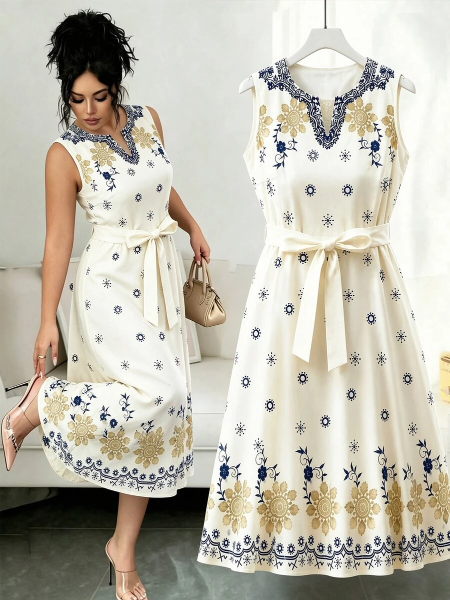 GlowEve CURVE Plus Size Casual Boho Bohemian V-Neck Sleeveless Floral Print Dress Brunch Party All White Summer - Apricot - View 1