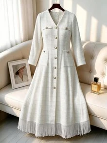 GlowEve CURVE Plus Size Single-Breasted Tassel Hem Long Sleeve Cinched Waist A-Line Dress Formal Office White Elegant Casual - Beige - View 1