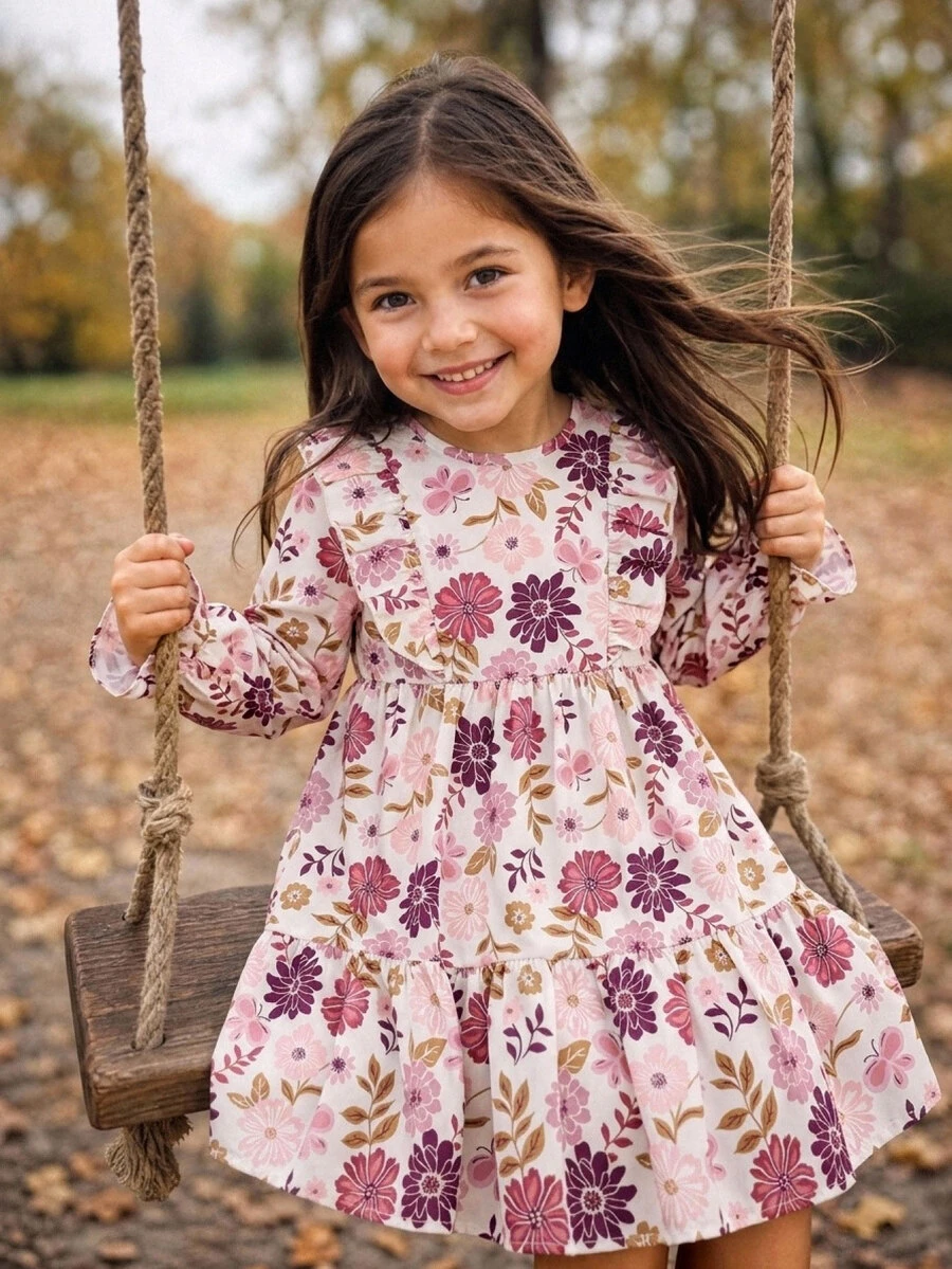 SHEIN Young Girl Floral Print Vacation Ruffle Hem Dress - Multicolor - View 1