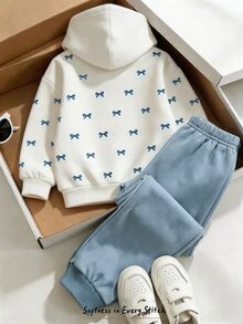 Tween Girl 2pcs Set Casual Fashion Spring Autumn Winter Girls Hooded Sweatshirt And Sweatpants Outfit, Sweet Bow Pattern, Outing Set, Soft Fabric, Fashionable Versatile Fit, Spring Autumn Winter Little Girls Clothing Set, Girls Sportswear Outfit - Baby Blue - View 2